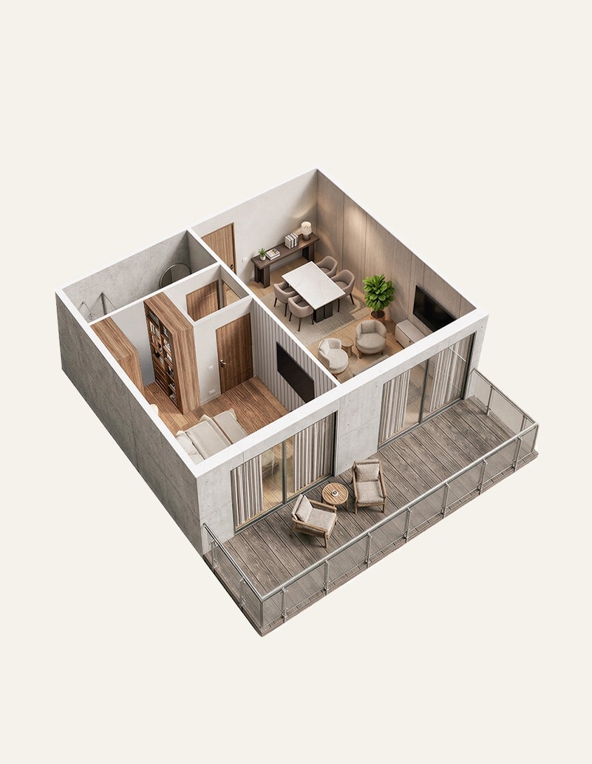 Render isométrico de un departamento amueblado, con living, comedor y balcón